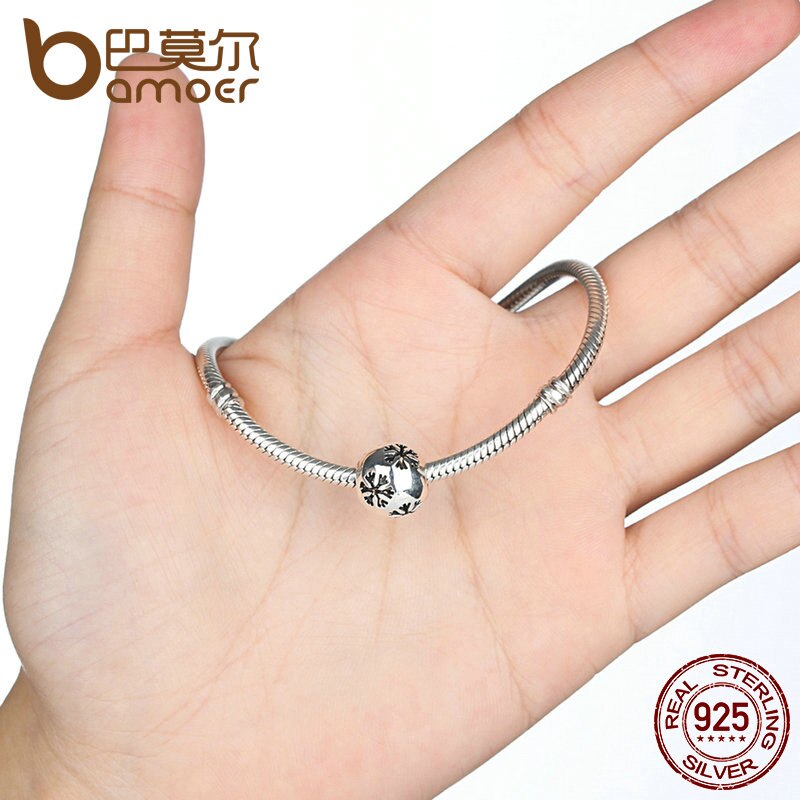 BAMOER Weihnachten Beliebte 925 Sterling Silber Schneeflocke Perle Reize passen Armbänder & Halsketten Edlen Schmuck SCC070