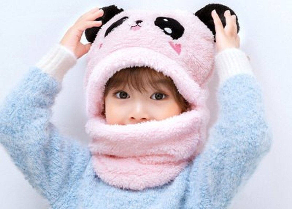 Children Winter Warm Hat Plus Fleece Thicken Scarf Cap Cartoon Panda Hat For Girls Boys Kids Caps Newborn Photography Baby Stuff