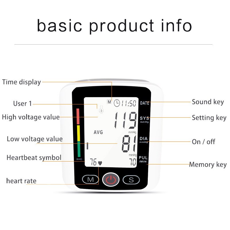 Automatic Upper Arm Blood Pressure Monitor BP Monitor Heart Rate Pulse meter Wrist Sphygmomanometer