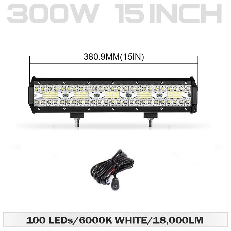 15 inch 300W Led Work Light Bar Tri-Row Combo Beam For 4x4 Offroad Cars Off road SUV ATV Tractor Boat Trucks Excavator 12V 24V: Light With Wire