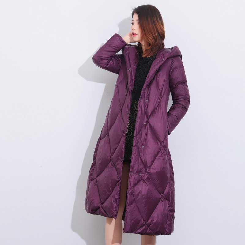 Neue Lange Weiße Ente Unten Jacke Mit Kapuze Weibliche Ultral Licht lässig Weiche Warme Mantel Winddicht Größehe Größe Gute quanlity: Violett / M