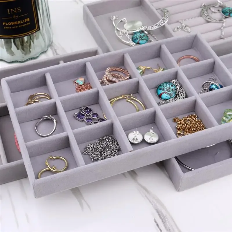 Fluwelen Sieraden Opbergdoos Ketting Stapelbaar Display Lade Armband Oorbel Organisatoren Diy Handwerk Lade Box Grey
