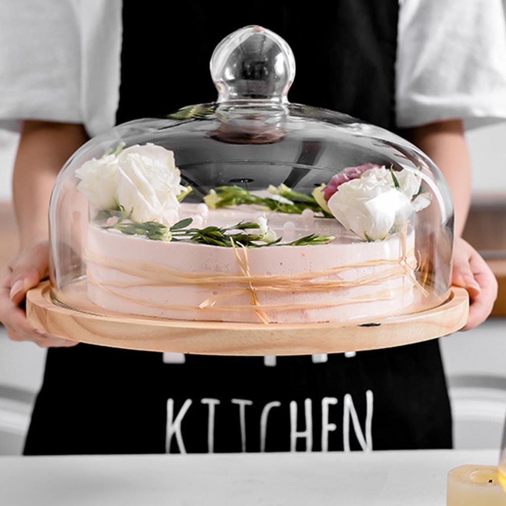 Cake Plate with Glass Dome Wood Cake Tray with Cover for Home Kitchen Baking Acacia Wood