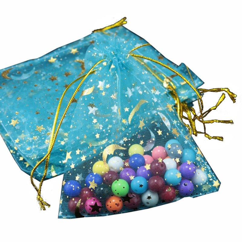 100Pcs Moon Stars Trekkoord Organza Zakjes Koord Kleine Sieraden Bags Zakjes Voor Wedding Party Valentijnsdag: Sky Blue