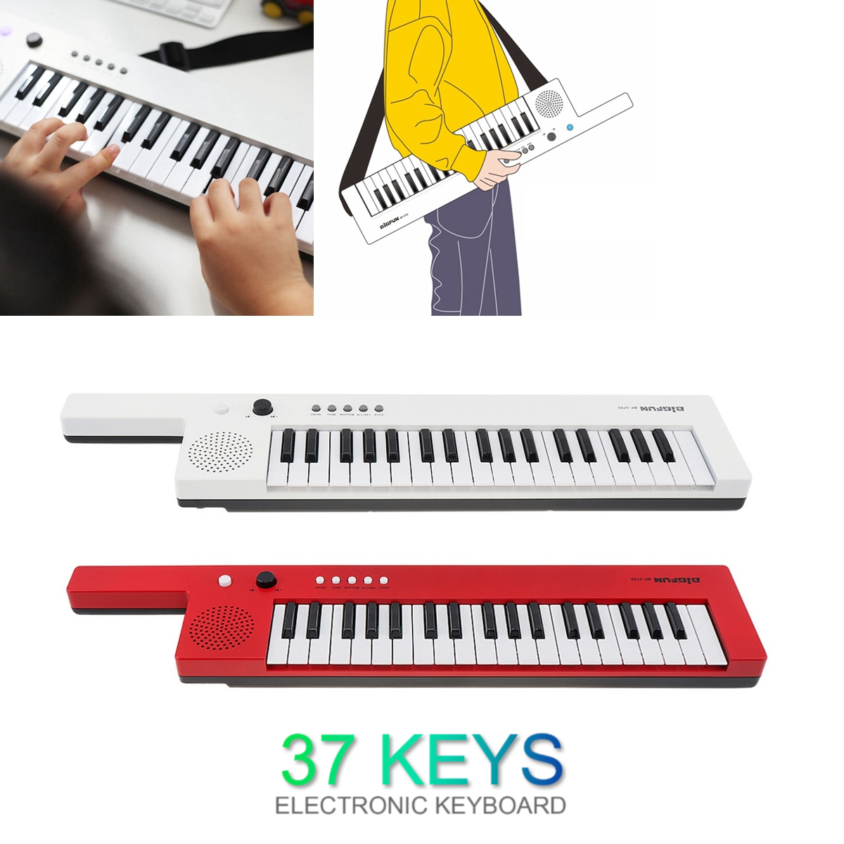 Guitarra recargable de 37 teclas, órgano electrónico, Mini teclado, Piano para niños con micrófono, Musical y correa para el hombro,