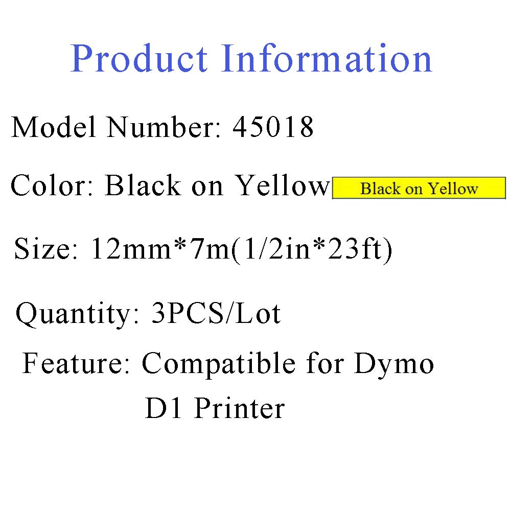 UNISTAR 3Pcs Combo Set Dymo 45018 Label Tape 1/2" 12mm Black on Yellow Printer Tapes Compatible for Dymo D1 12mm Labelmaker