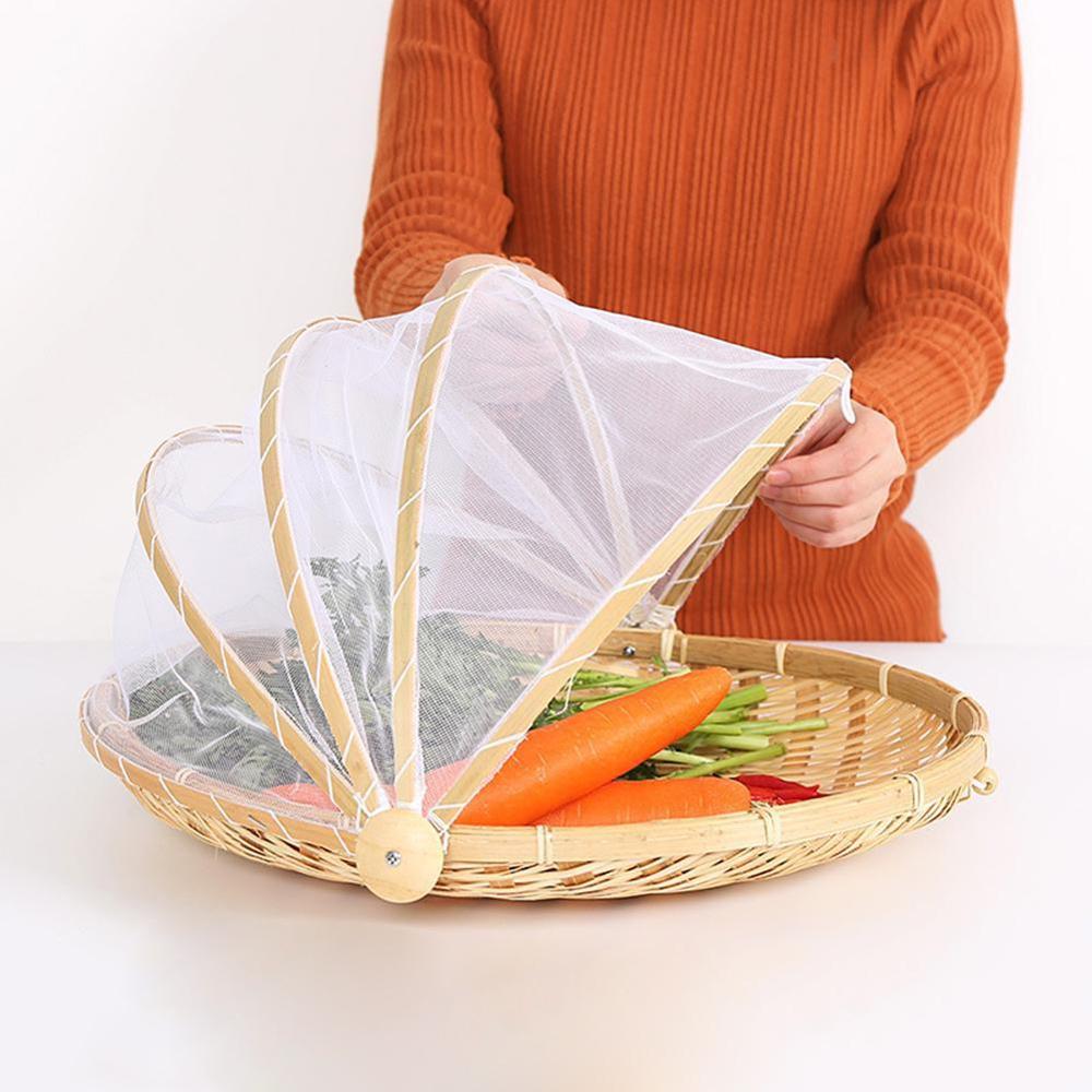 Hand-woven Bamboo Insect-Proof Dust-Proof Basket Picnic Round Dustpan Vegetable Fruit Bread Mesh Gauze Cover Basket
