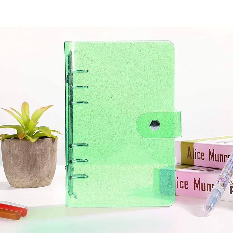 A6 soft PVC 6-ring binder cover with flashing transparent notebook zipper bag loose-leaf core book with snap button close binder: green