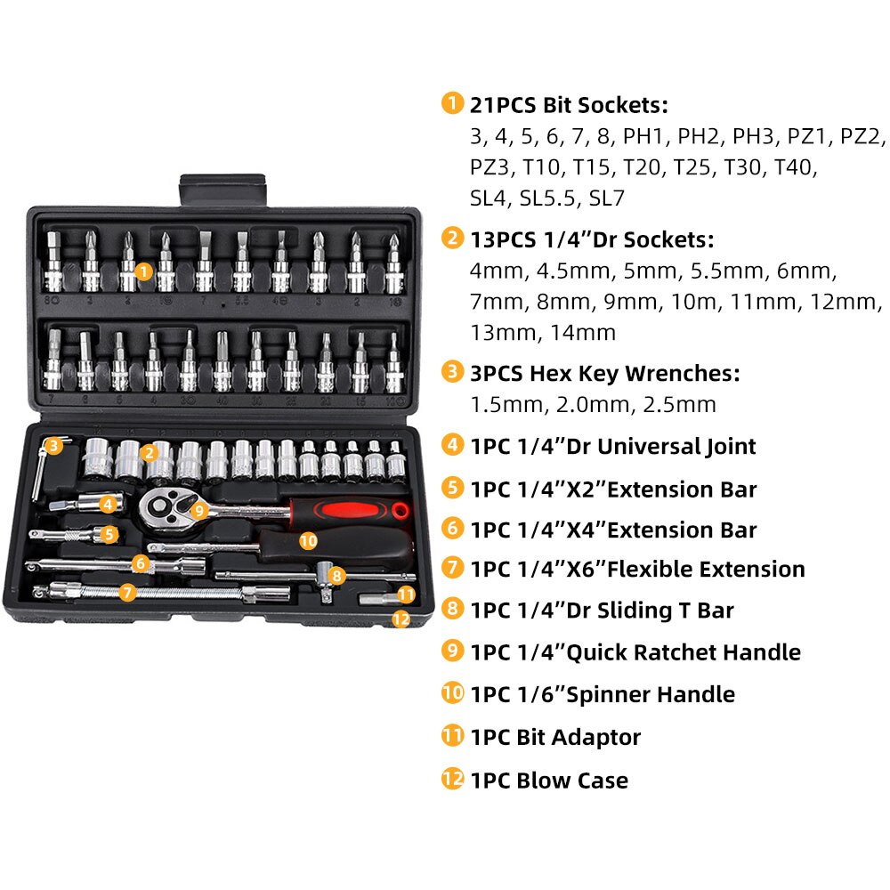 46 PCs Set Wrench Hand Tool Set Car Repair Tool Kit Set Home Mechanical Tools Ratchet Torque Wrench Socket Garage Tools Box Set: Default Title