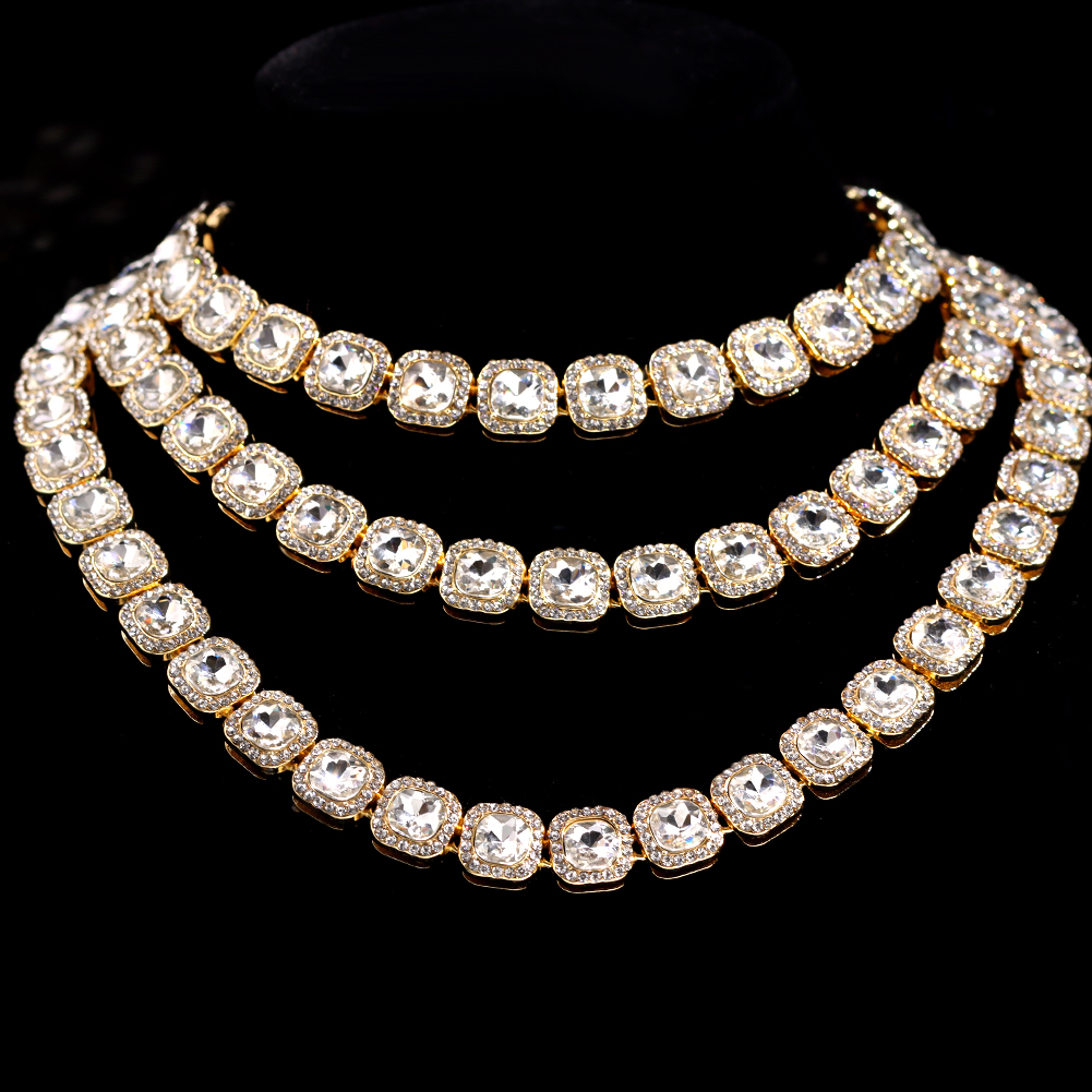 Women Bling Bling Pink Square Crystal Link Chain Necklace Hip Hop Gold Silver Color 13mm Luxury Cuban Choker Necklace Jewelry