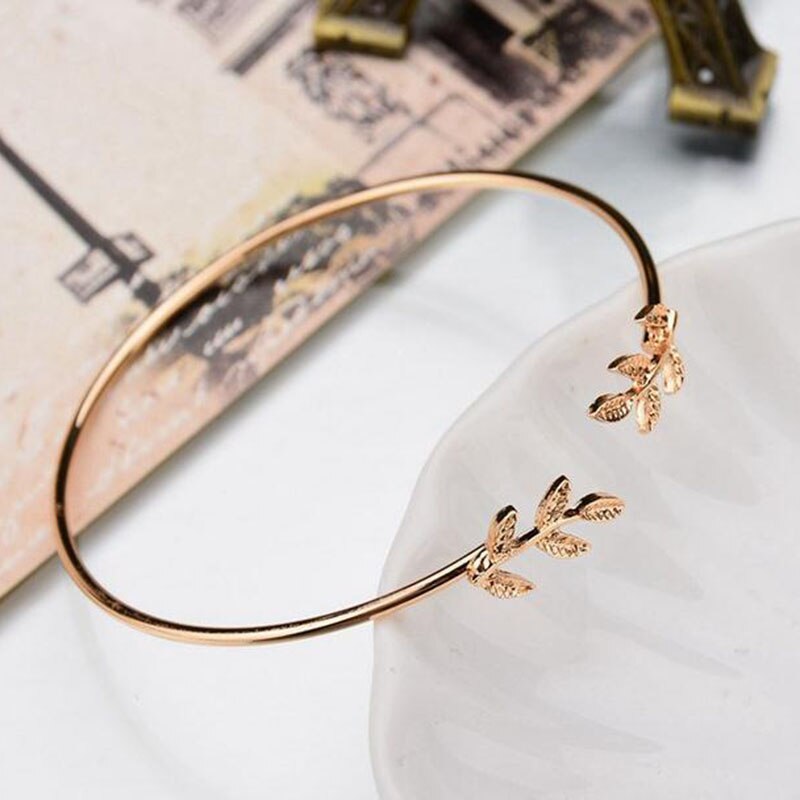 Leaf Bangle, Vintage Open Adjustable Feather Charm Bracelets For Women, Sweet Jewelry,: Gold