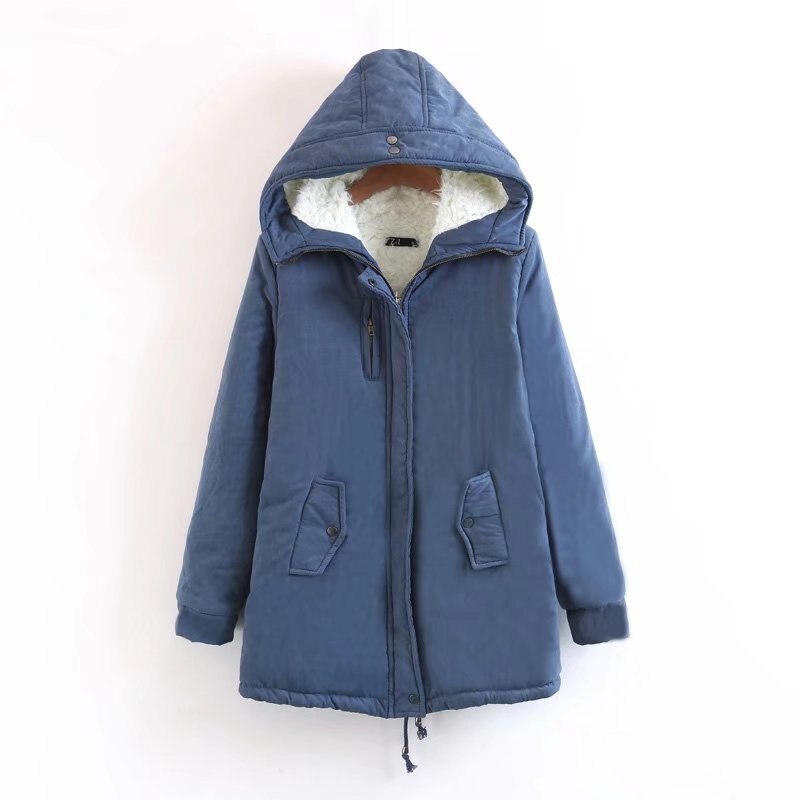 Chaude hiver veste manteau femmes décontracté Parka épaissir laine d'agneau épissure Outwear femme longue fermeture éclair à capuche hiver veste: blue / XXL