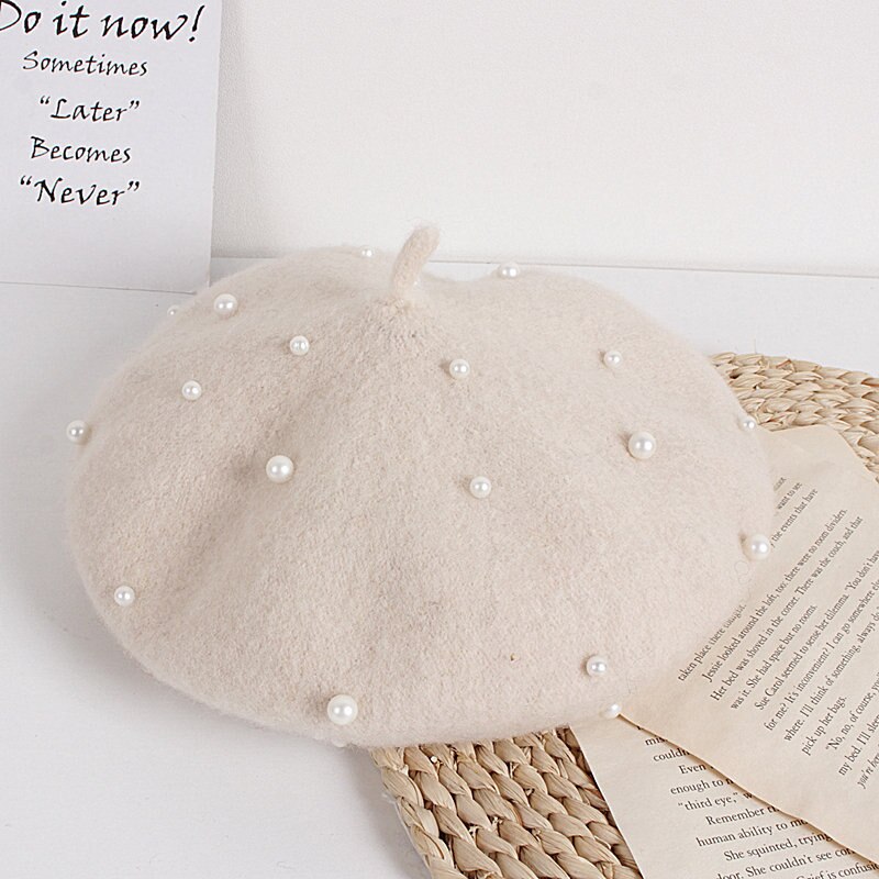 Crianças da criança menina boina de lã chapéu outono inverno quente clássico estilo francês frisado pérola gorro boné moda infantil para 2-8y: B