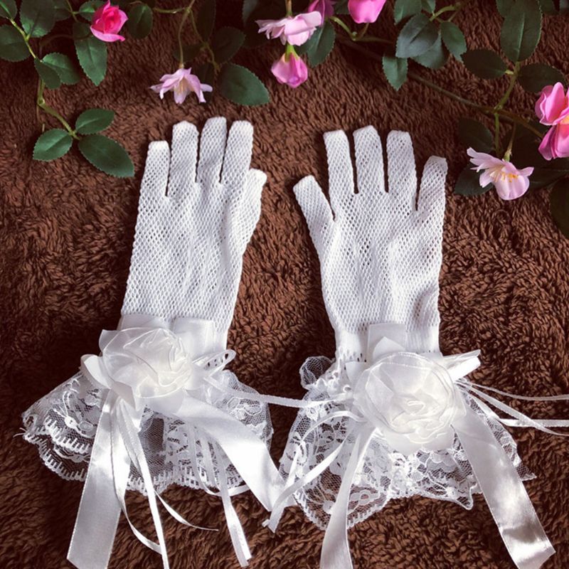 novia verano vestido de novia guantes de encaje Flores grandes corto con guantes de dedos guante hueco de malla