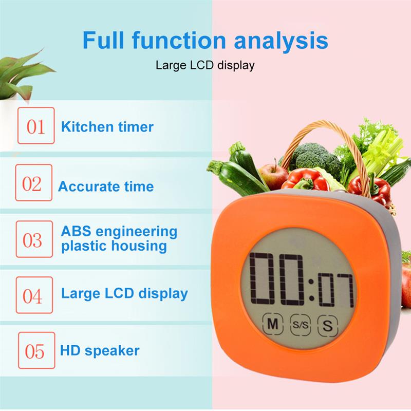 Countdown Timer Study Digital Display Count Up Stopwatch Touch Screen Battery Operated Electronic Mute Attachable Alarm Orange