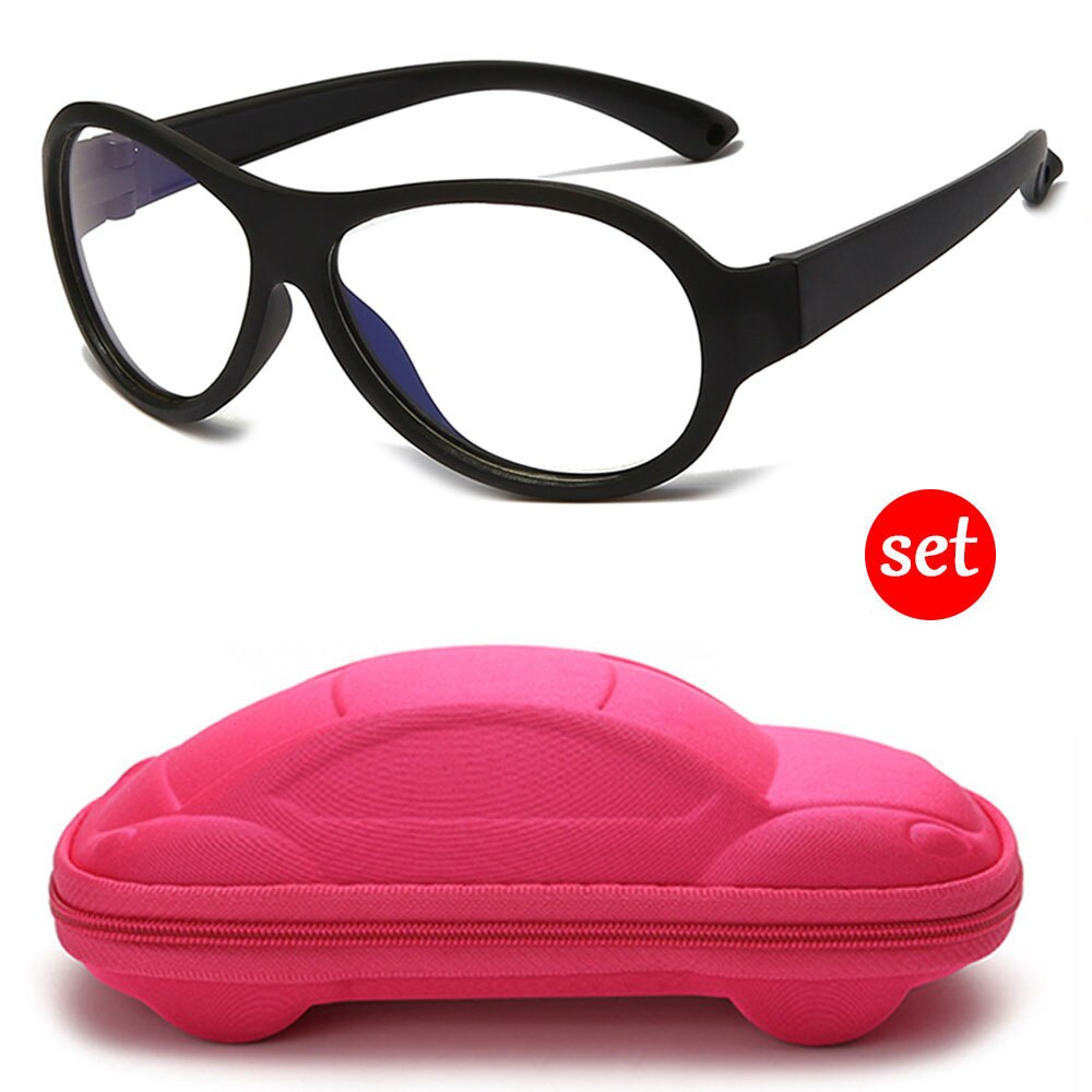 Longkeeper anti blåt lys børnebriller med bilformet brilleetui børn fleksibelt optisk stel eyeware dreng pige briller: Sort-pinkcase