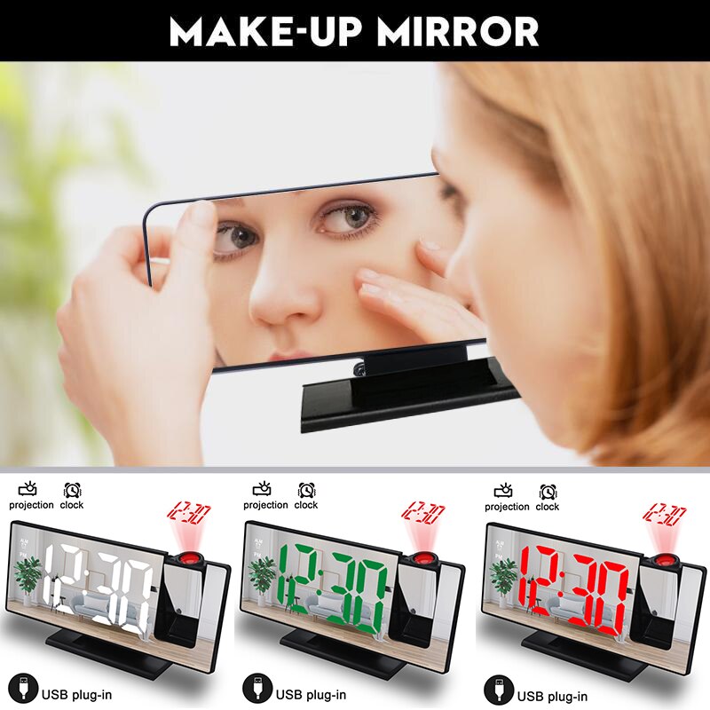 LED Digital Smart Projector Alarm Clock Table Electronic Desktop Clock USB Wake Up With 180° Time Projector Snooze Alarm Clock