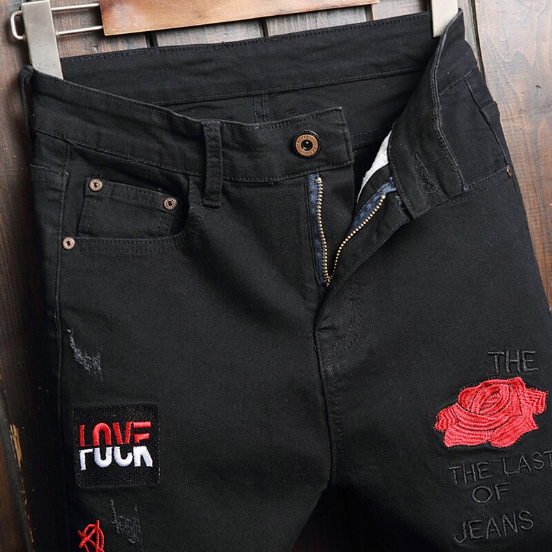 Pantalones vaqueros bordados para hombre, jeans elásticos, negros, dibujos animados, letras, bordados, nuevas tendencias,