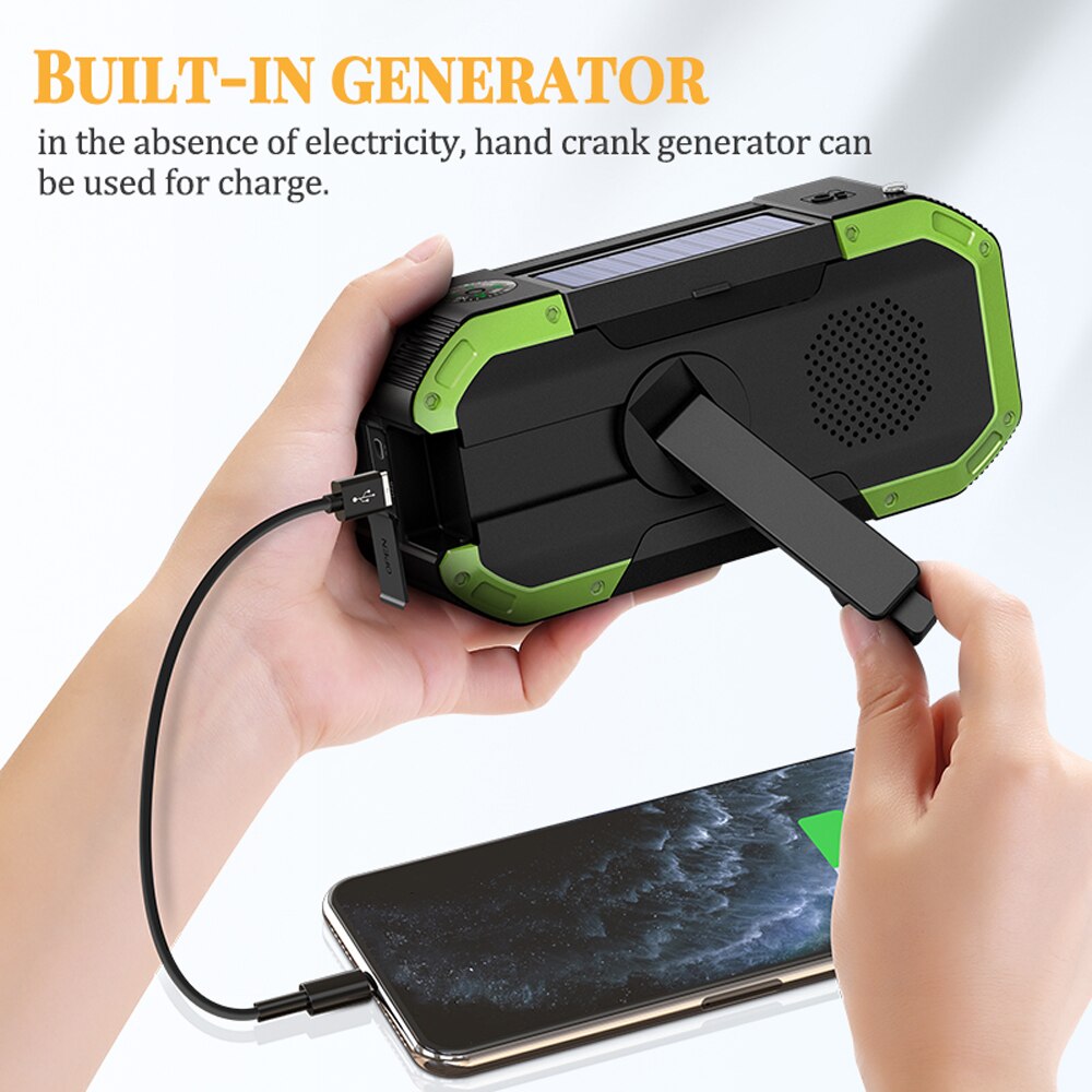 Multifunctionele Hand Radio Radio Emergency Solar Hand Crank Zelf Aangedreven IPX6 Waterdichte 4000Mah Power Bank