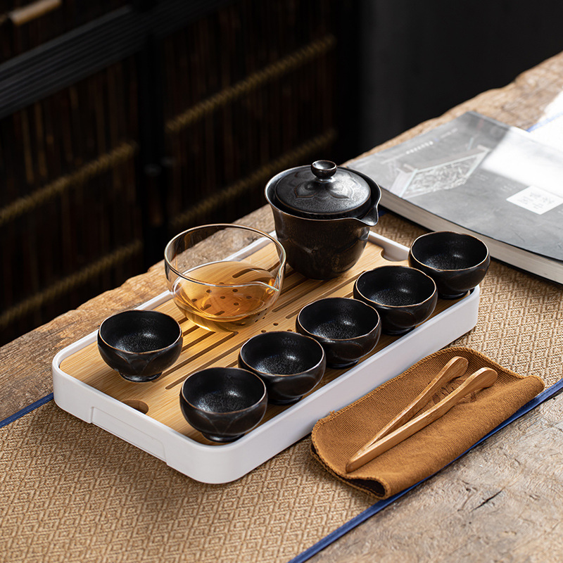 White Chinese Teaware Travel Tea Set Portable Outdoor Office Tea Plate Ceramic Flower Kung Fu Teaset Business Cool: Olive Brown