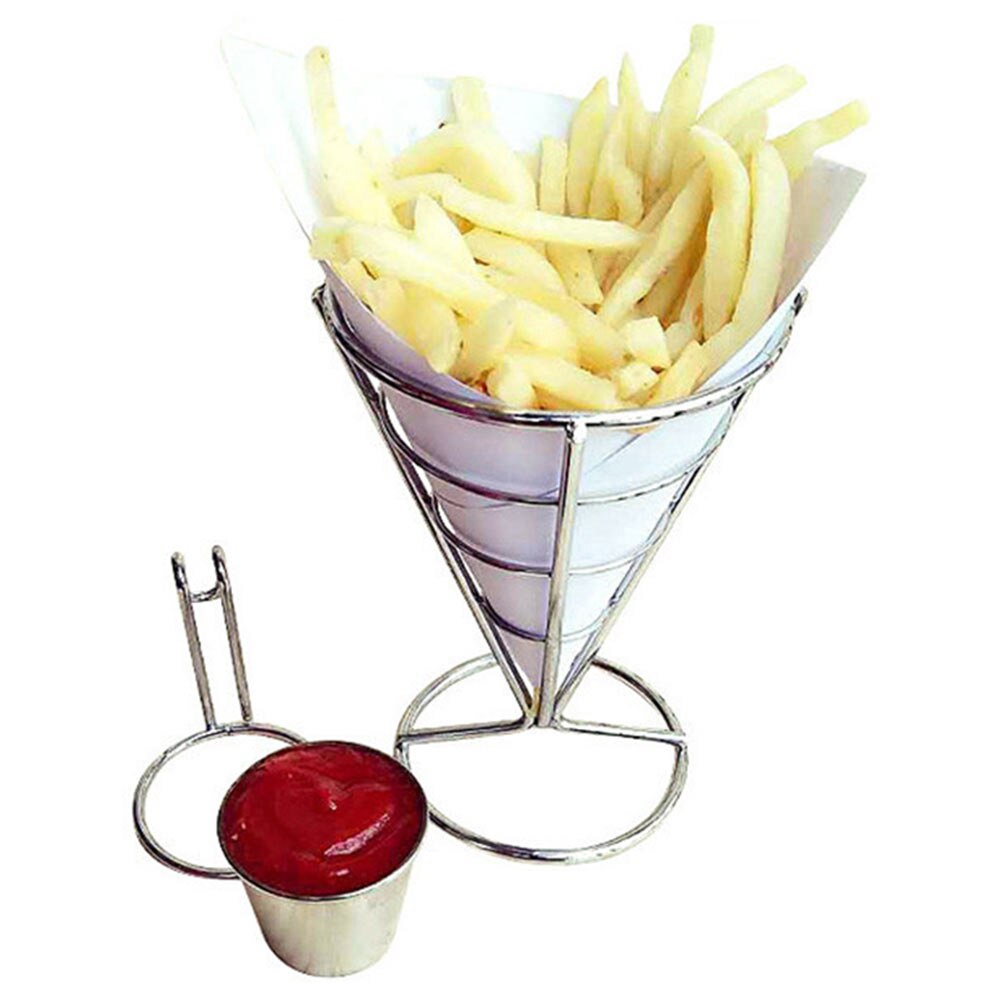 Stainless steel French Fry Stand Cone Basket Holder for Fries Fish and Chips and Chicken Nuggets with a seasoning cup