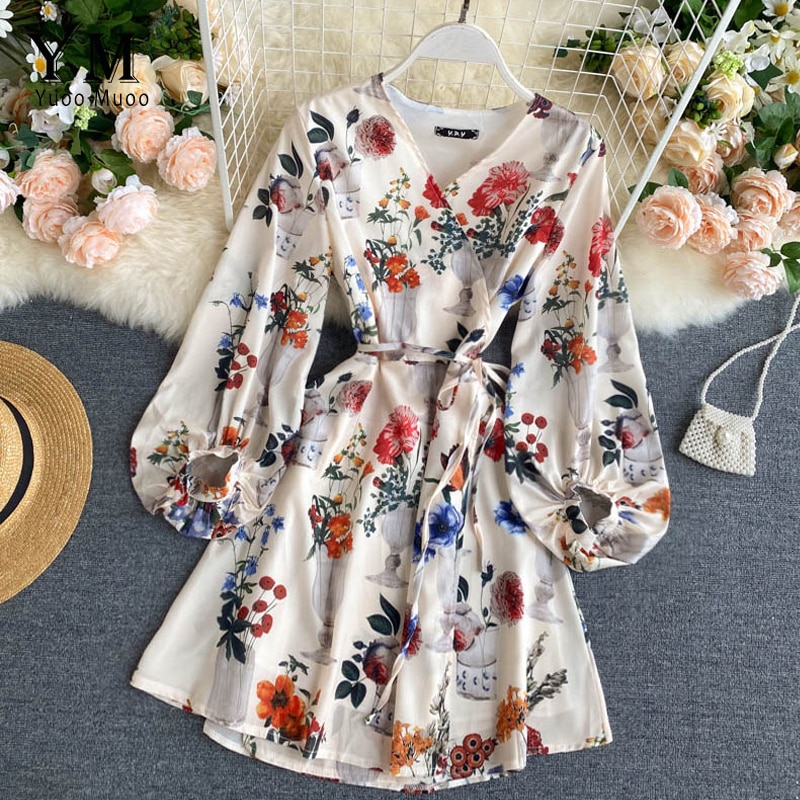 Yuoomuoo Vrouwen Bloemen Sjerpen Shirt Jurk Lente Herfst Print Wrap Jurk Koreaanse Lange Mouwen Strand Jurk Streetwear Tuniek