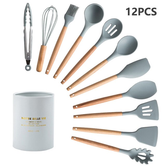 12 pièces/ensemble Silicone ustensiles de cuisine cuisson antiadhésive spatule pelle pinces soupe louche manche en bois inox boîte de rangement: Rrey