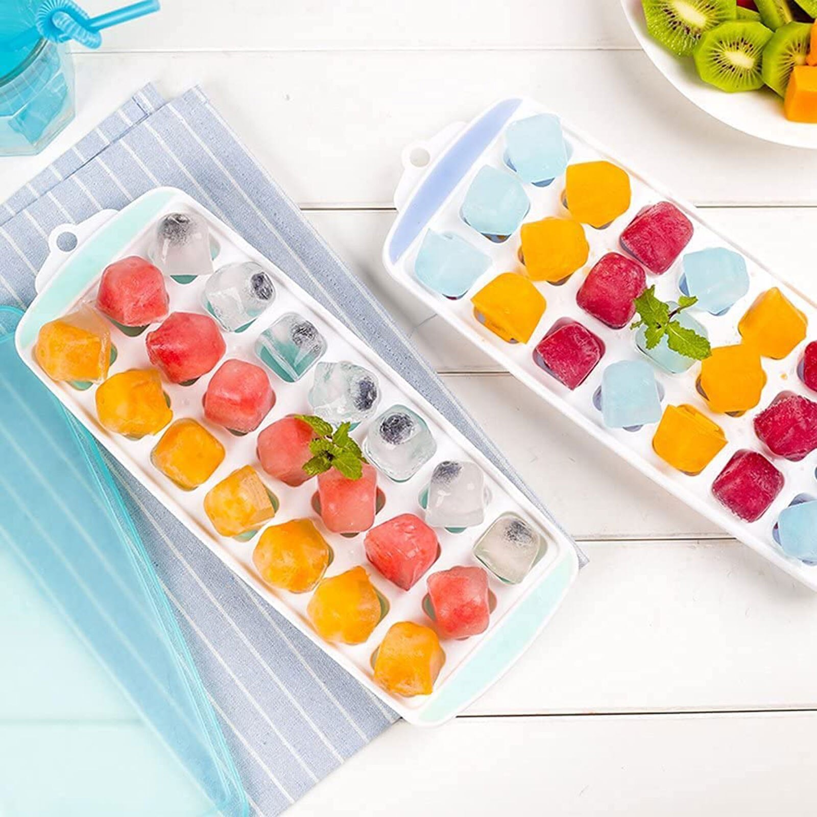 3pcs/set Silicone Ice Cube Trays With Spill-Resistant Removable Lid 21 Cavity Mold Square Shape Stackable Fruit Popsicle Plate