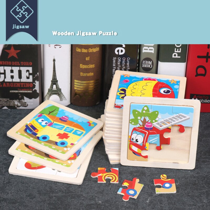 Puzle de madera de juguete para niños, 9 piezas, 3D, mini tamaño, dibujos animados, animales, tráfico, tangram, puzzle, educación