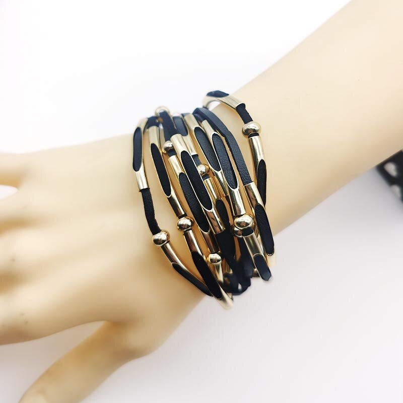 multicouches en cuir noir Bracelets pour femme Vintage charme Pulseira Feminina Mujer Punk Bracelet