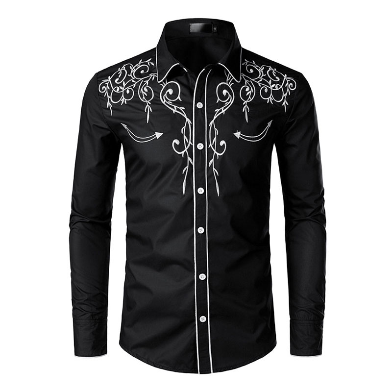 Western Cowboy Borduren Shirts Mannen Casual Lange Mouwen Slim Fit Shirt Mannelijke Bruiloft Sociale Mannen Club Prom Chemise homme: Black / M