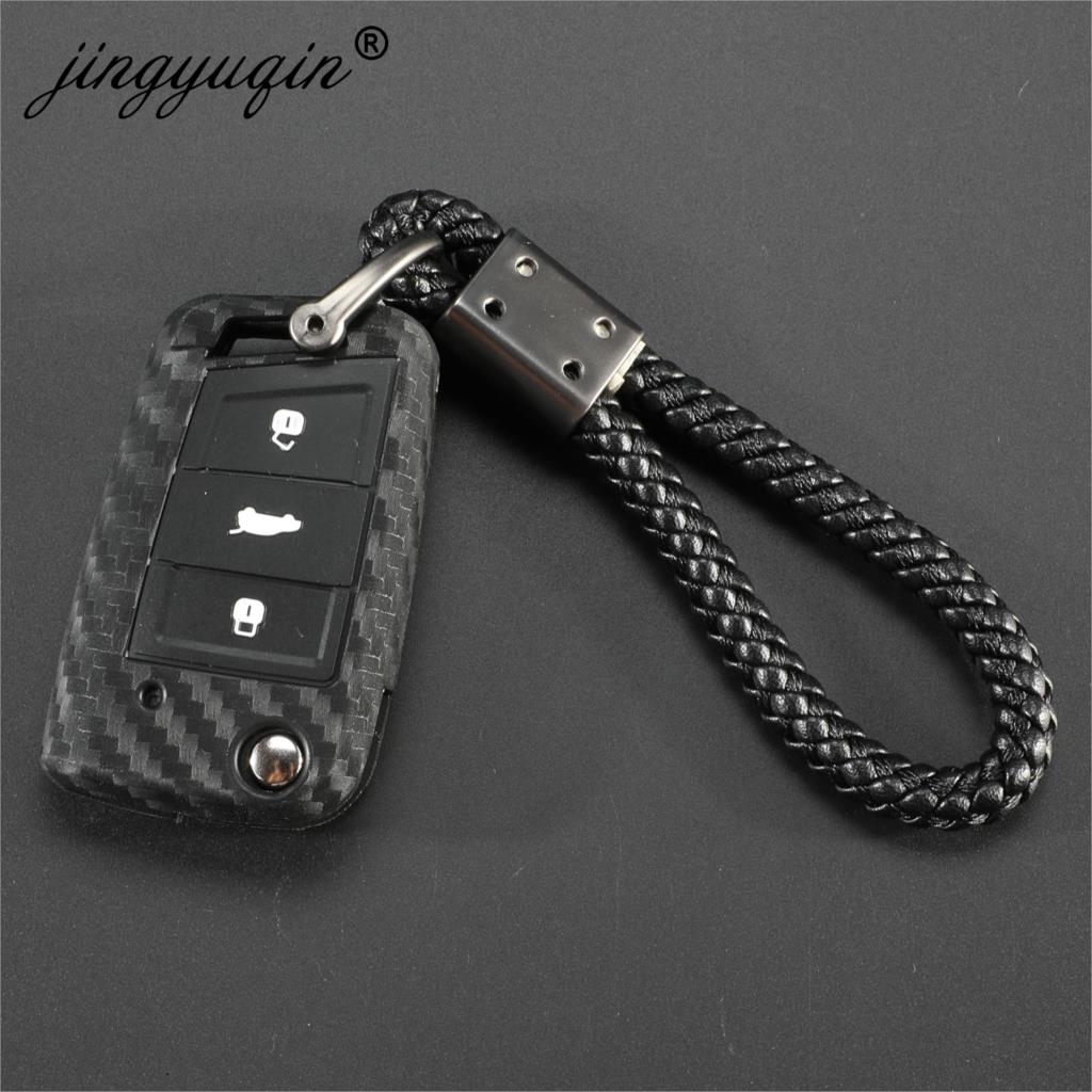 Carbon Silicone Key Case Cover For VW Polo Golf 7 Tiguan Skoda Octavia Karoq SEAT Ateca Leon Ibiza KeyChain Key Ring