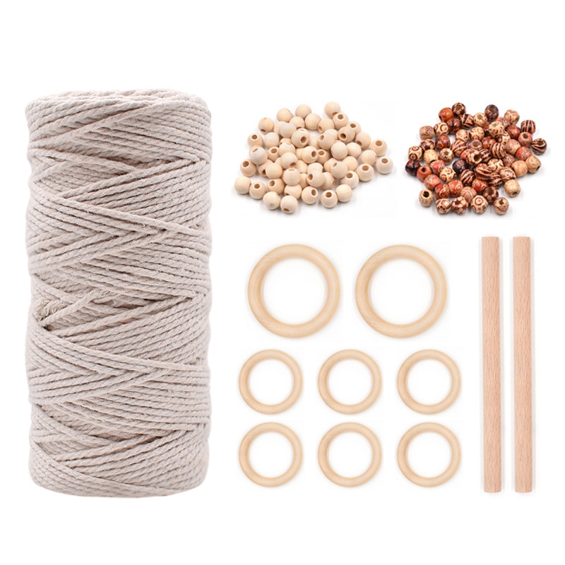 1Set Macrame Cord Natural Cotton Rope with Wood Ring Wood Stick Bead for DIY Macrame Kit Wall Hanging Plant Hanger Dream Catcher