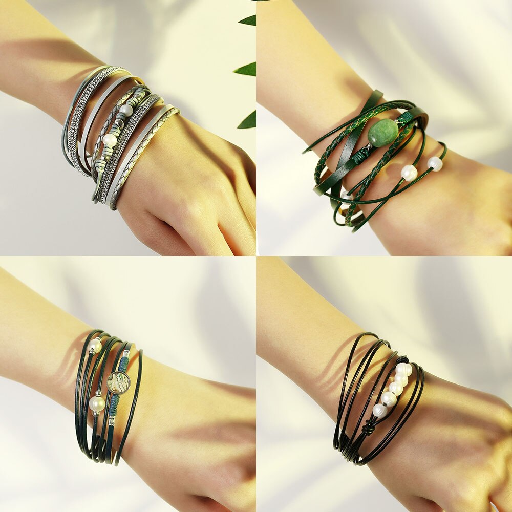 WENN MIR Jahrgang Simulierte Perle Stein Leder wickeln Armbinde für Frauen Männer Punk Reize mehrschichtig Magnet Schnalle Armbänder Schmuck