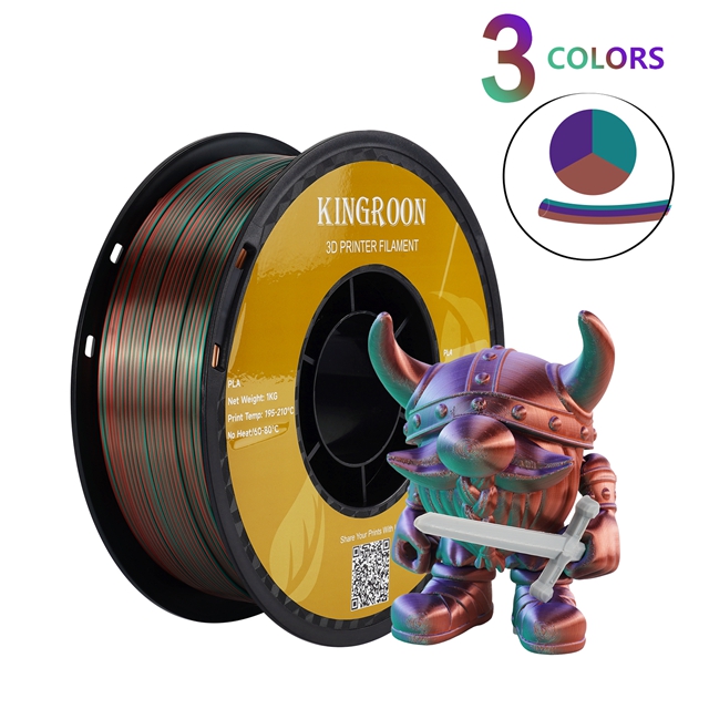 KINGROON-filamento de seda PLA de coextrusión tricolor, carrete de 1,75mm, 1KG (2,2 libras), plástico PLA de Triple color para impresora 3D y bolígrafo 3D