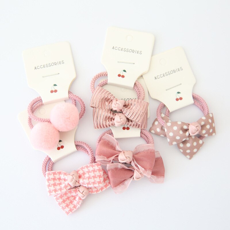 10Pcs/Lot Sweet Hair Band Girls Hair Ties Bows Elastic Rubber Band Flower Small Ball Scrunchies Baby Kids Hair Accessories: pink set