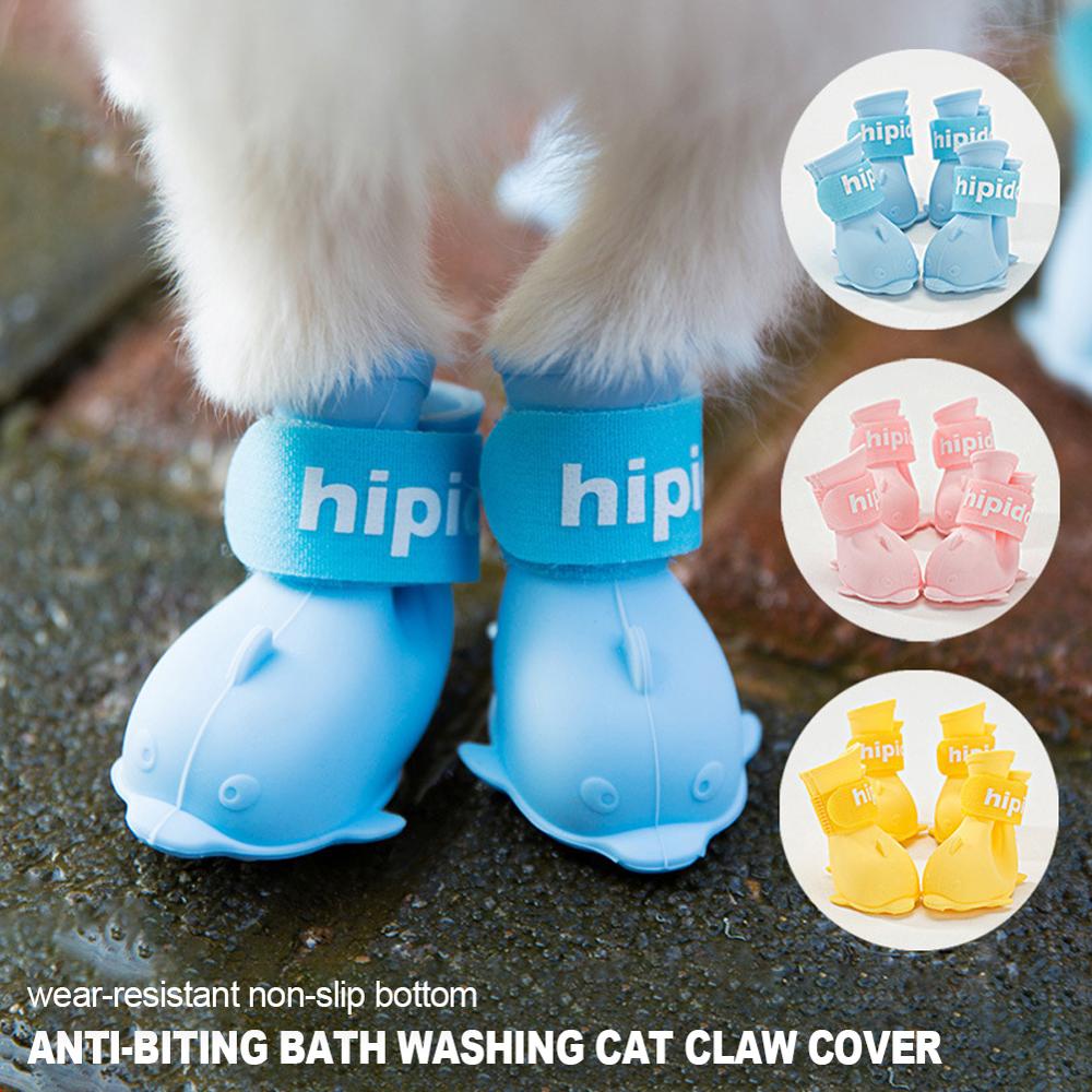 Juego de zapatos suaves antiarañazos para gato, botas de pata de silicona suave para perros, Baño de mascotas, cubierta ajustable, SUMINISTROS DE ASEO para gatos, 4 unids/set