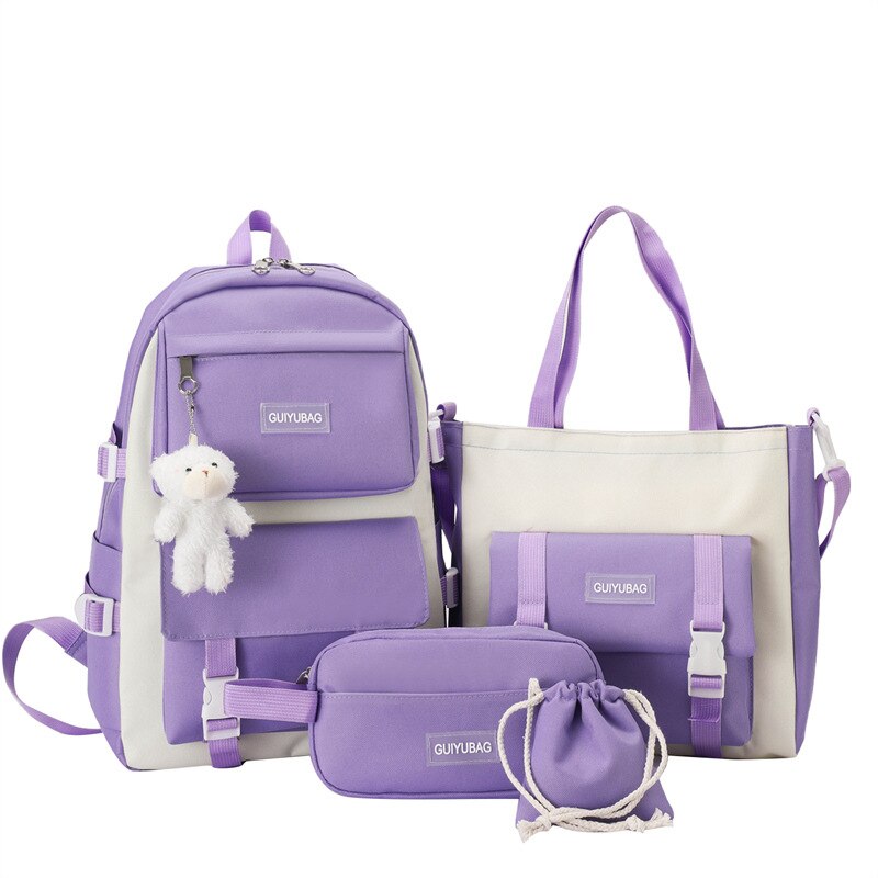 Fengdong 5 Stks/set Student Schooltas Zwart Wit Mode School Rugzak Voor Tienermeisjes Handtas Schoudertas Potlood Tas Set: Purple