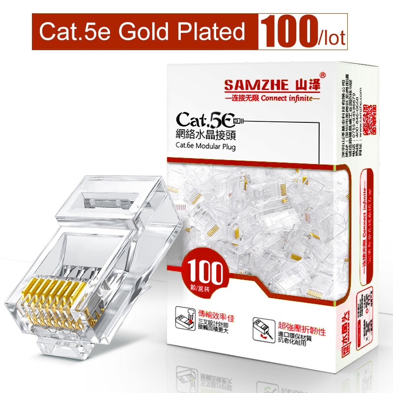 SAMZHE Cat5e RJ45 Modulaire Plug 8P8C Connector voor Ethernet Kabel, Vergulde KAT 5e Gigabit Bulk Ethernet Crimp Connectors