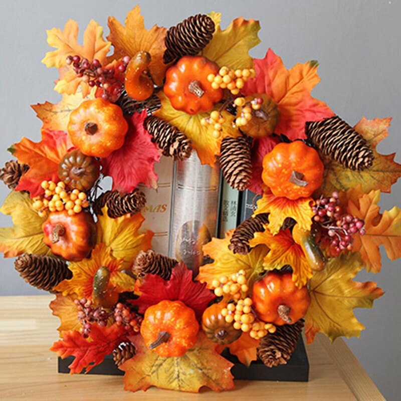 40Cm Kunstmatige Pompoen Krans Herfst Oogst Maple Leaf Zonnebloem Deur Decor Garland Thanksgiving Halloween Party Benodigdheden