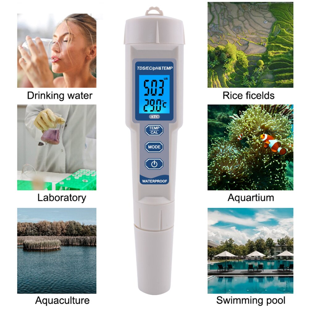 PH-3580 Digital PH Meter 4 in 1 PH/TDS/Temp/ EC Tester Conductivity Monitor Water Quantity Test Tool TDS Analyzer for Aquarium