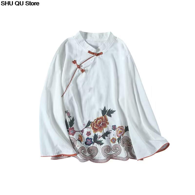 Chinesischen Stil Bestickt Baumwolle Leinen Shirts Frühling Sommer Retro Zugeknöpft Lange ärmeln Stand-up Kragen Kleidung Lose Tops