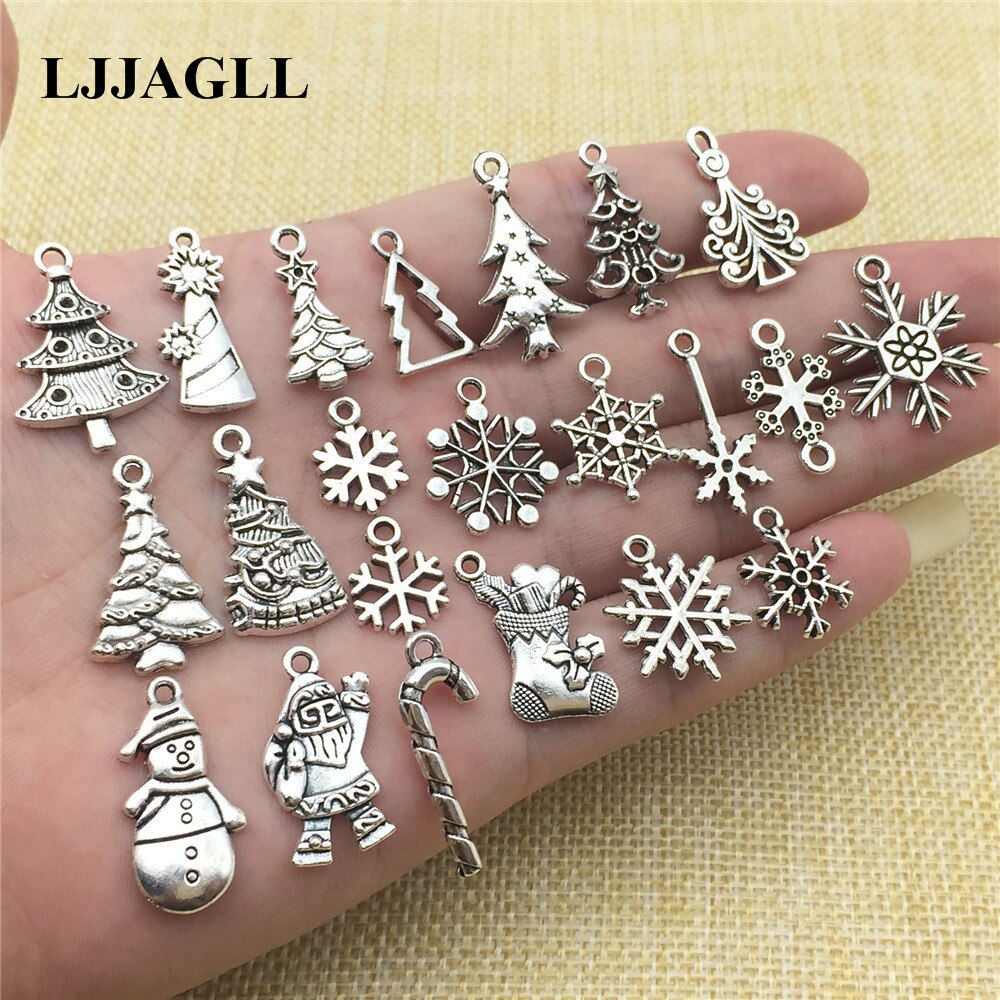 20 piezas de plata tibetana con varios tipos de dijes de Navidad, árboles, copos de nieve, colgantes de Papá Noel, apto Diy, hallazgos de joyería Diy, Make ASD056