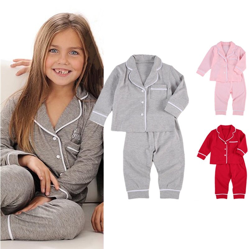 2- delige pyjamaset voor peuters, meisjes, jongens, lange mouwen, revers, knopen, overhemd, top en broek, katoenen casual, huiskleding, nachtkleding, nachtkleding