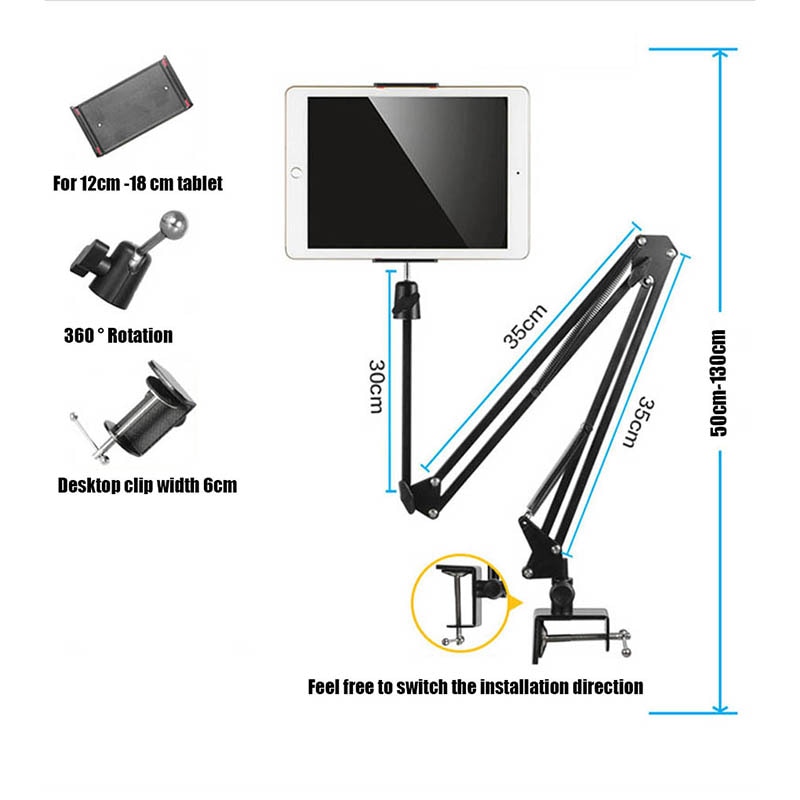Support De Tablette Réglable 360° - Pour IPad, Smartphones Et Tablettes 4.7 à 12.9" - Fixation Par Pince - 4