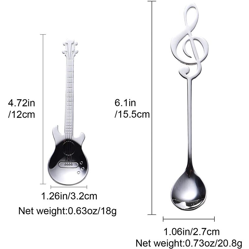 6Pcs Note Spoon and Guitar Spoon Set Teaspoon Stainless Steel Note-Shaped Coffee Spoon (3 Notes + 3 Guitars)