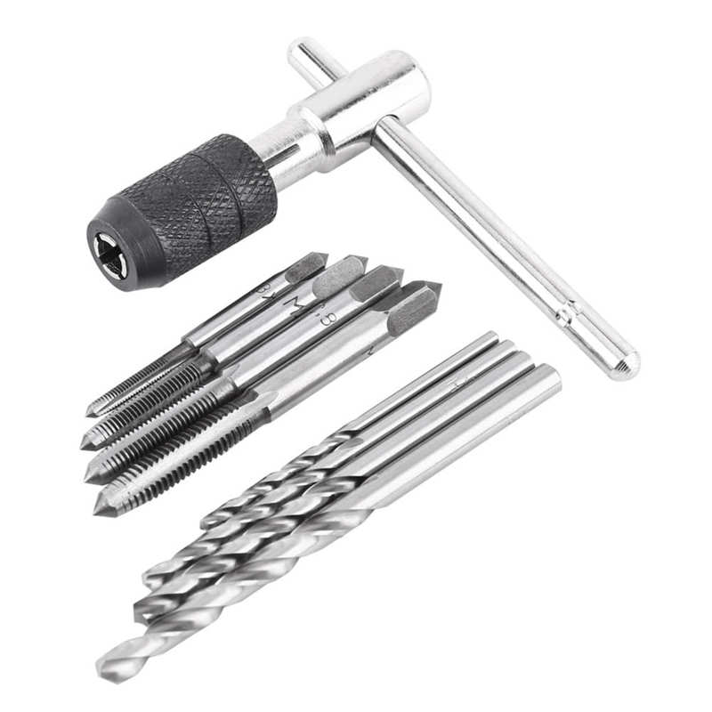 6/9PCS Screw Taps &amp; T-shaped Wrench &amp; Twist Drill Bits Threading Tapping Hand Tool Kit: 9pcs