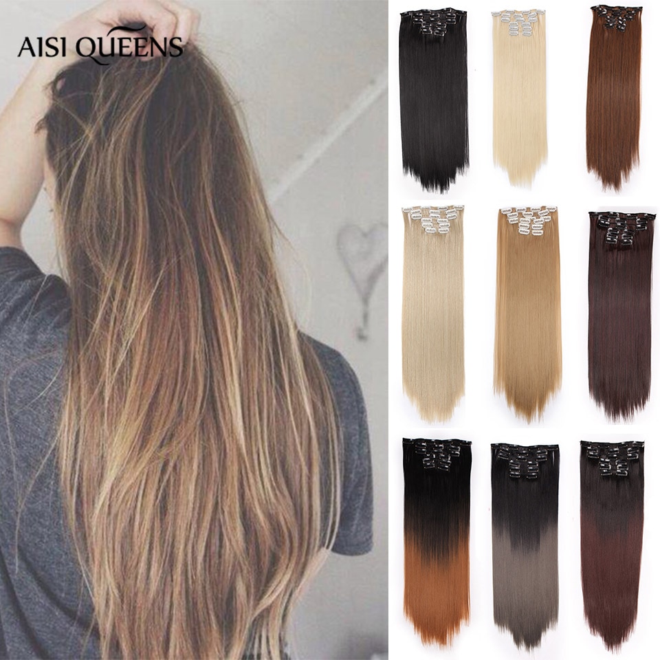 AISI QUEENS Clips In Hair Extension Long Straight Hair Clips for Women 8pcs/set Synthetic 16 Clips In Hair Extensions