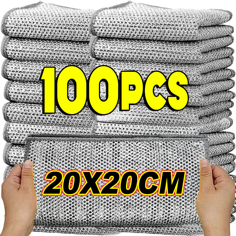 Paños de limpieza de alambre de acero, doble capa, Metal mágico, cables plateados, trapos, paño de cocina para el hogar, paño de lavado, toallas, Herramientas de limpieza