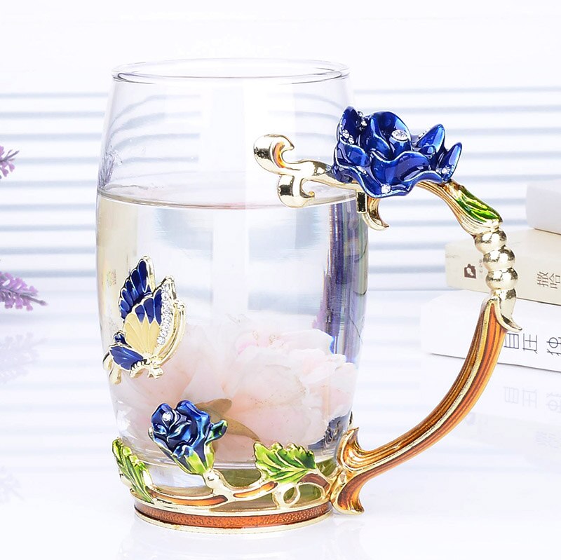 Blå rose emalje krystall te kopp kaffe krus sommerfugl rose malt blomst vann kopper klart glass med skje sett: 02